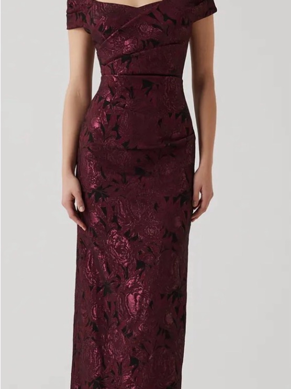 Teri Jon Floral Stretch Jacquard Off-the-Shoulder Ruched, black Merlot